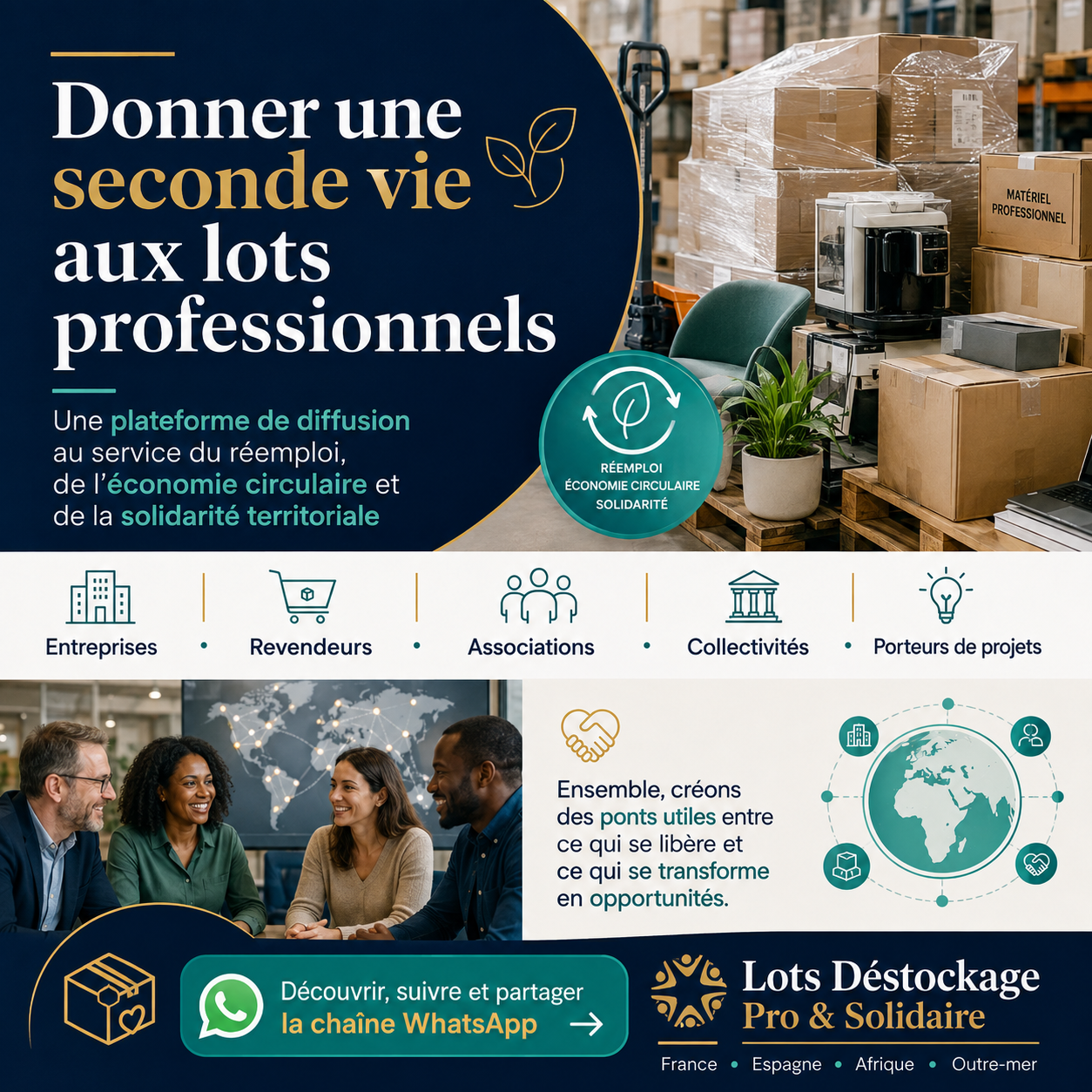 Visuel de la chaîne Lots Déstockage Pro & Solidaire : donner une seconde vie aux lots professionnels — France, Espagne, Afrique, Outre-mer