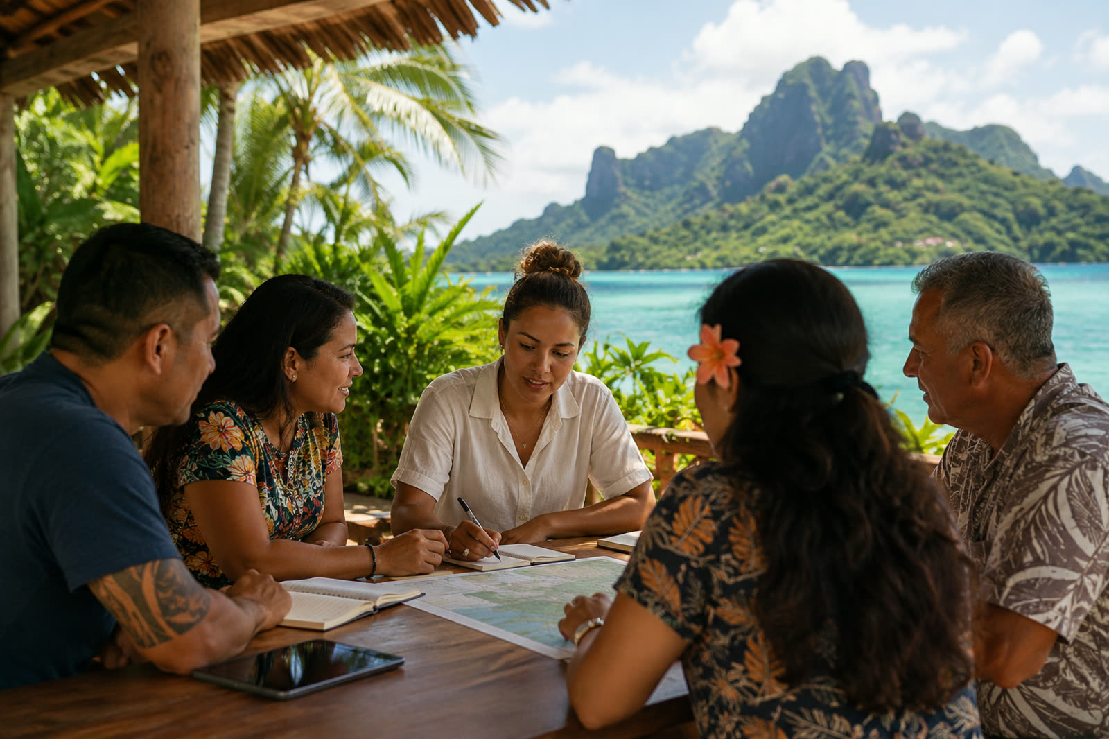 Réunion de coopération territoriale en Polynésie française, avec des acteurs locaux travaillant autour d'une carte face au lagon et aux reliefs polynésiens.