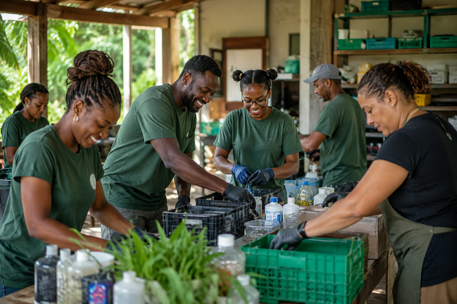 Équipe d'une entreprise à but d'emploi en Guadeloupe réalisant une activité utile de tri et de valorisation de ressources dans un atelier territorial.