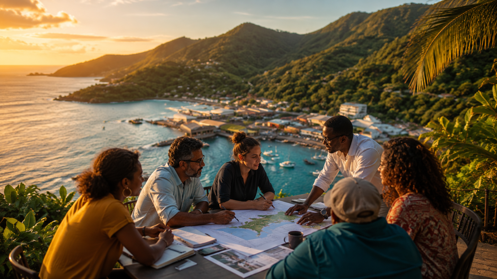 Acteurs d'un territoire littoral ultramarin réunis autour d'une carte au coucher du soleil, en atelier de coopération territoriale