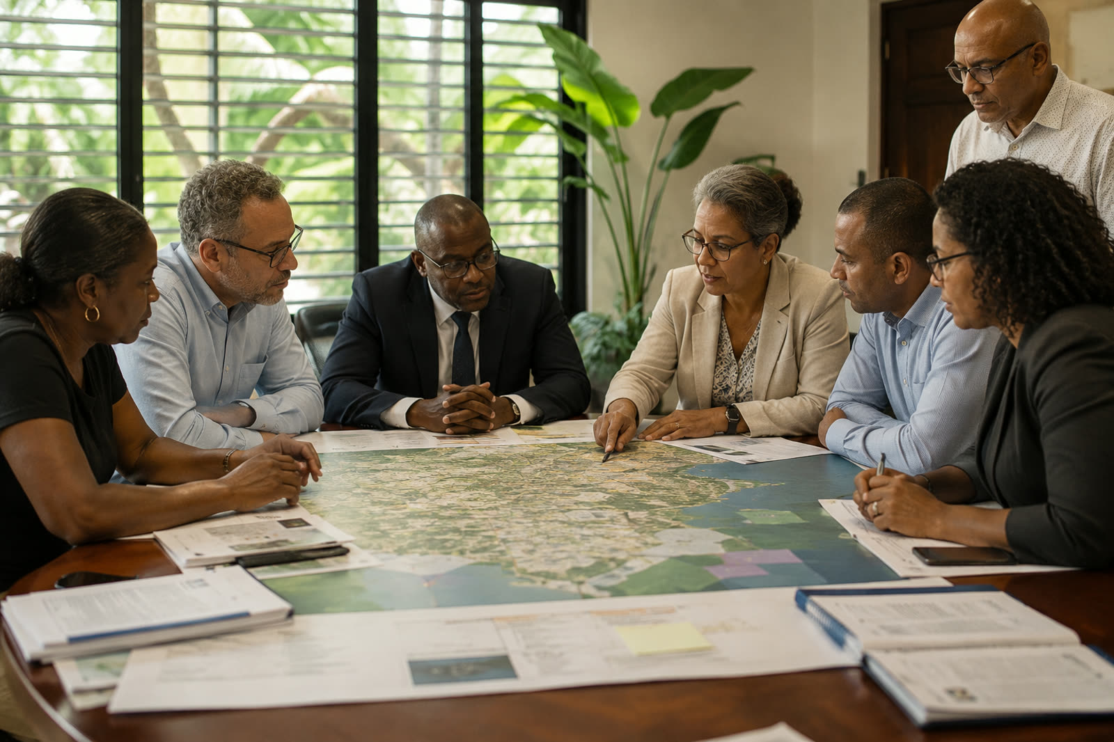Élus, techniciens et partenaires réunis autour d'une carte territoriale pour structurer une démarche intercommunale Territoires zéro chômeur de longue durée en Sud Basse-Terre.