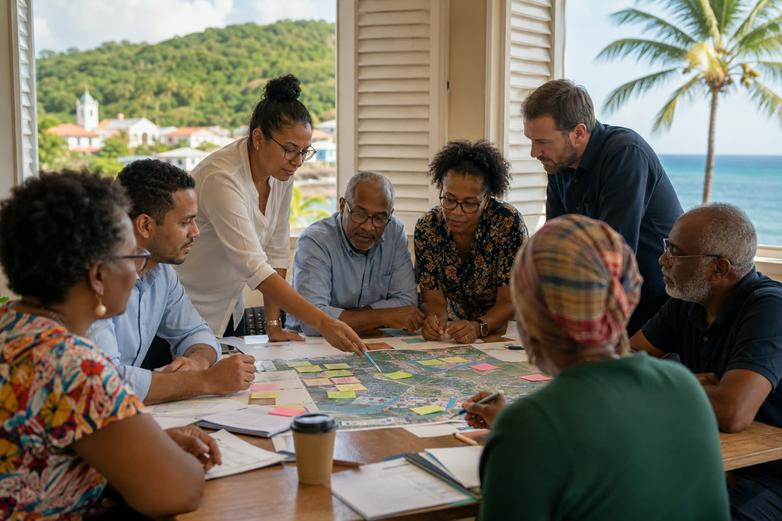 Réunion de travail territoriale en Guadeloupe autour d'une carte de Sainte-Rose, avec des acteurs locaux construisant collectivement un projet d'emploi et de développement territorial.