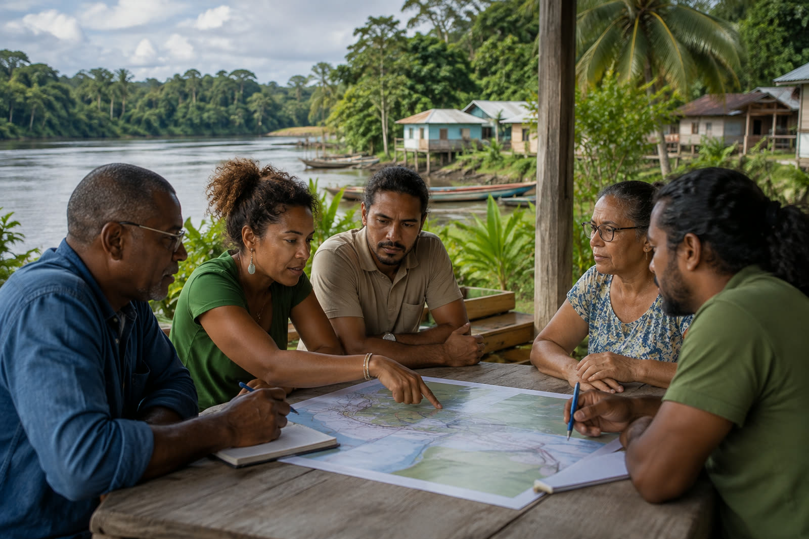 Acteurs territoriaux réunis en Guyane, dans un environnement fluvial et amazonien, pour construire la feuille de route d'un projet d'emploi et de développement local à Sinnamary.