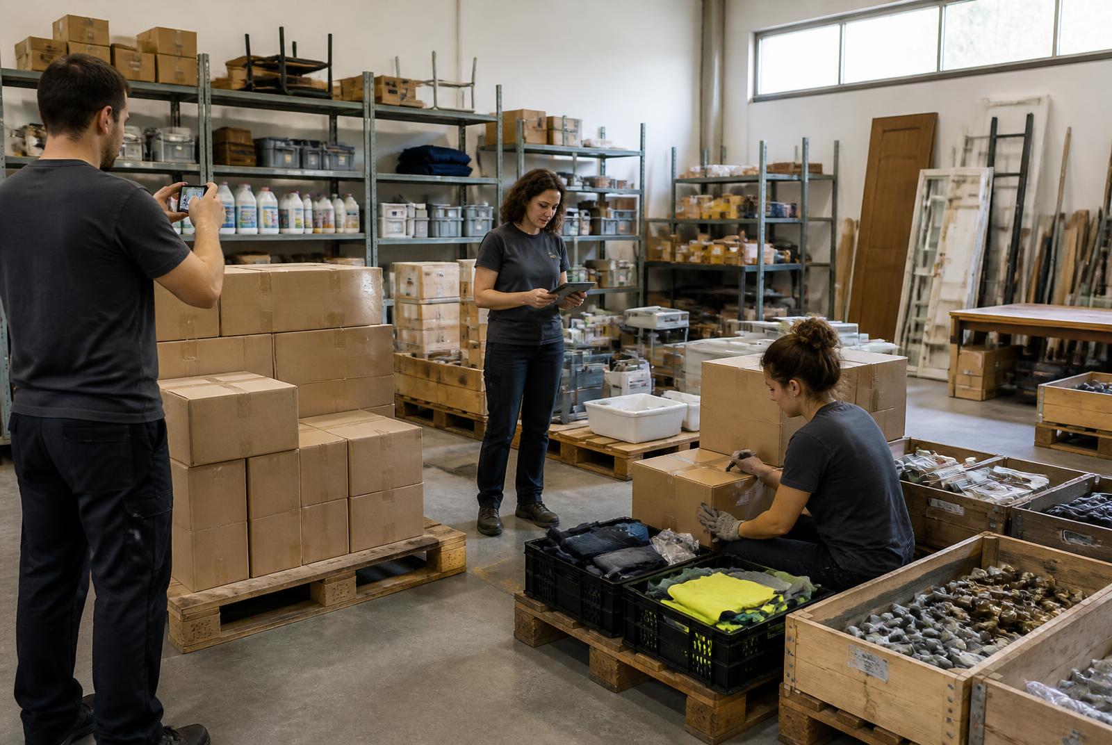 Équipe préparant et inventoriant des lots professionnels sur palettes dans un espace de tri organisé